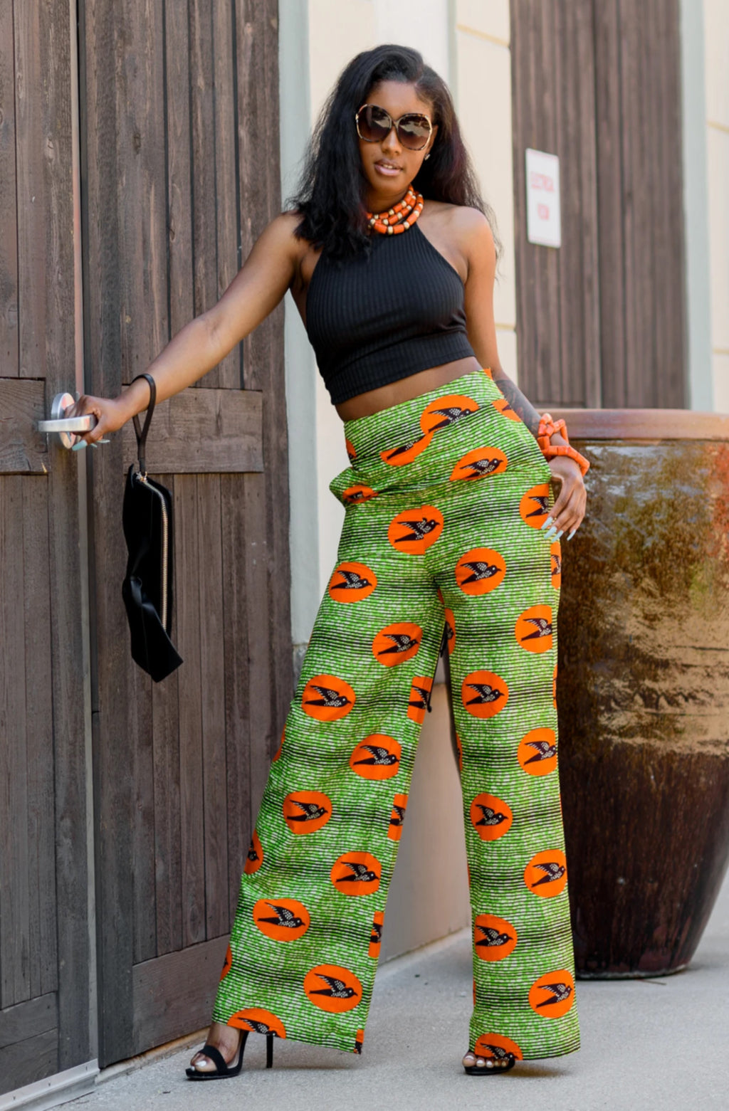 African Print Wide Leg Pant - Green