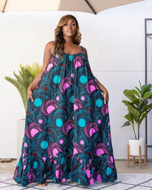 African Print Sena Maxi Dress - Teal and Pink
