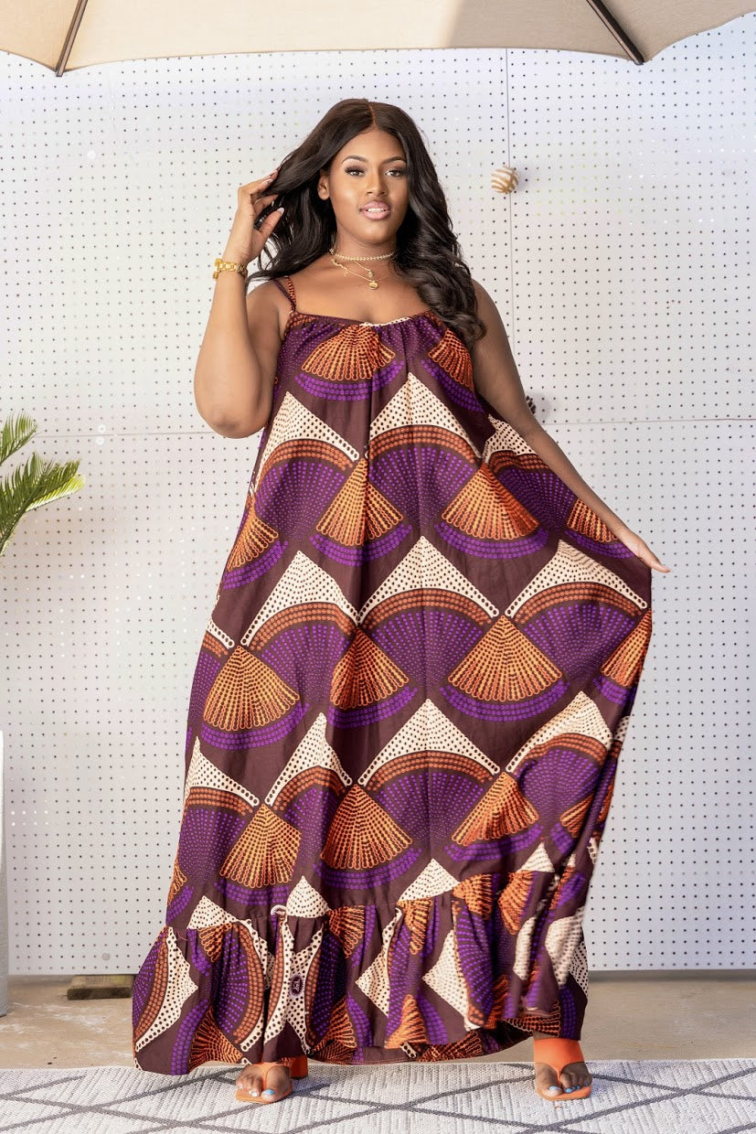 African Print Sena Maxi Dress - Brown