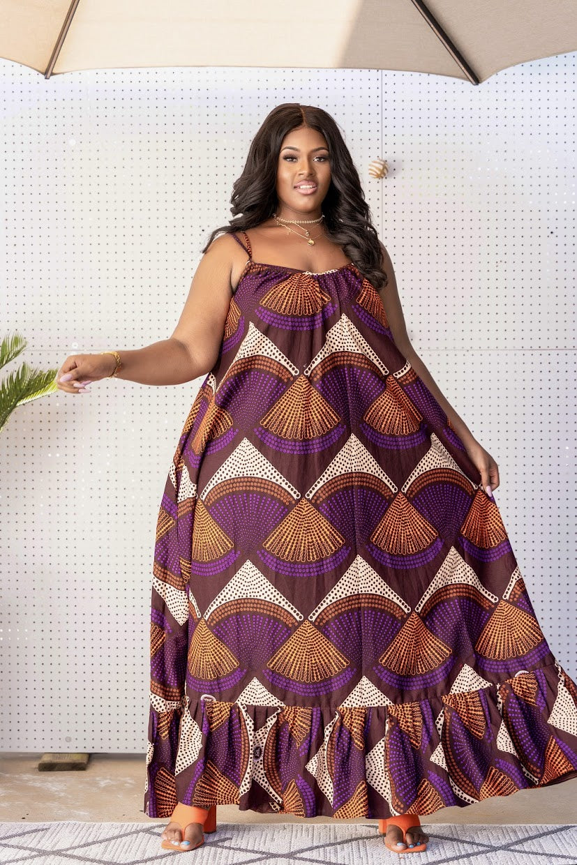 African Print Sena Maxi Dress - Brown