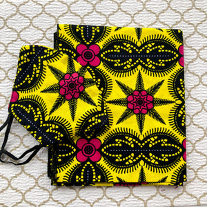 African Print Mask And Headwrap Set - Yellow and Black