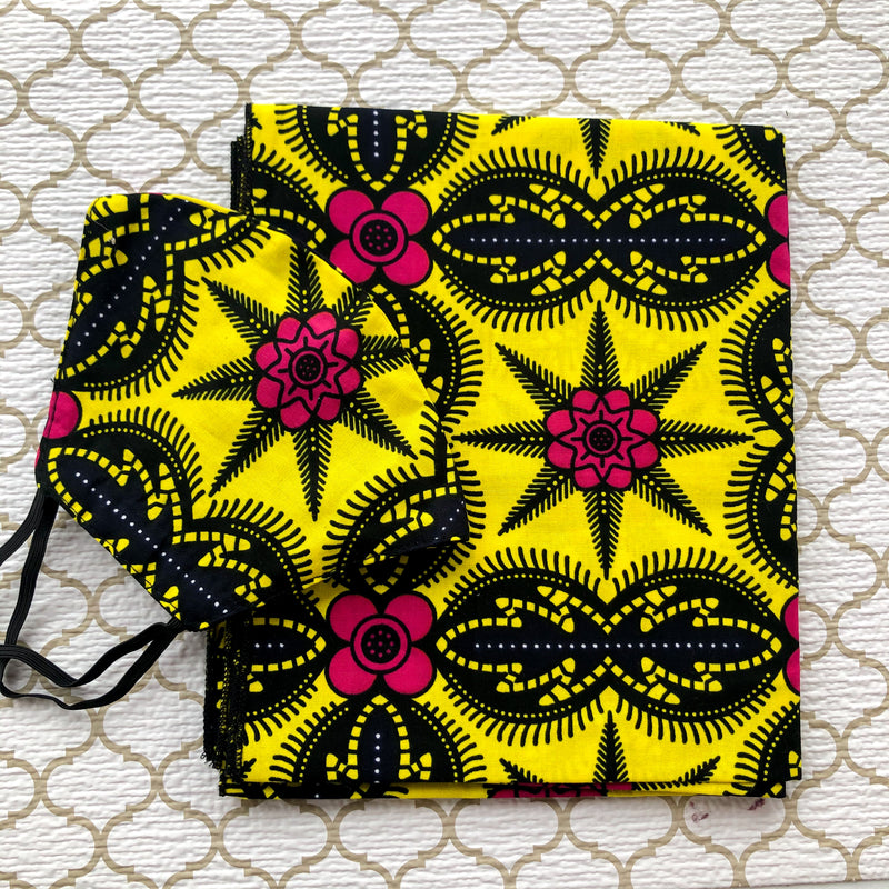 African Print Mask And Headwrap Set - Yellow and Black