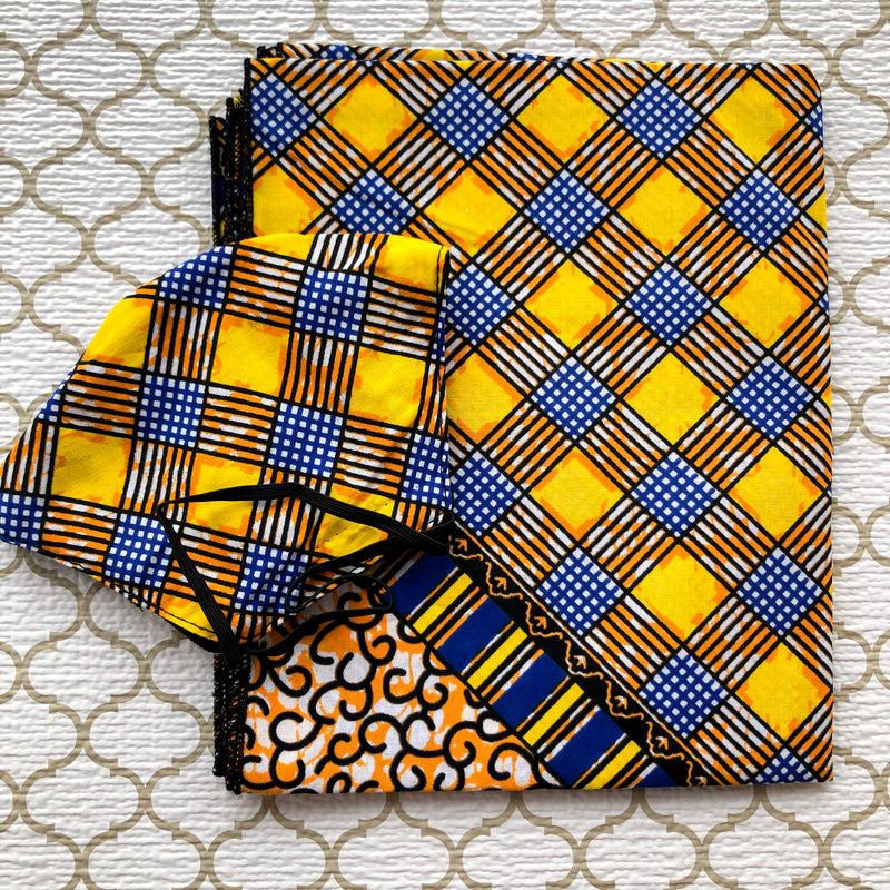 African Print Mask And Headwrap Set -Yellow and Gray