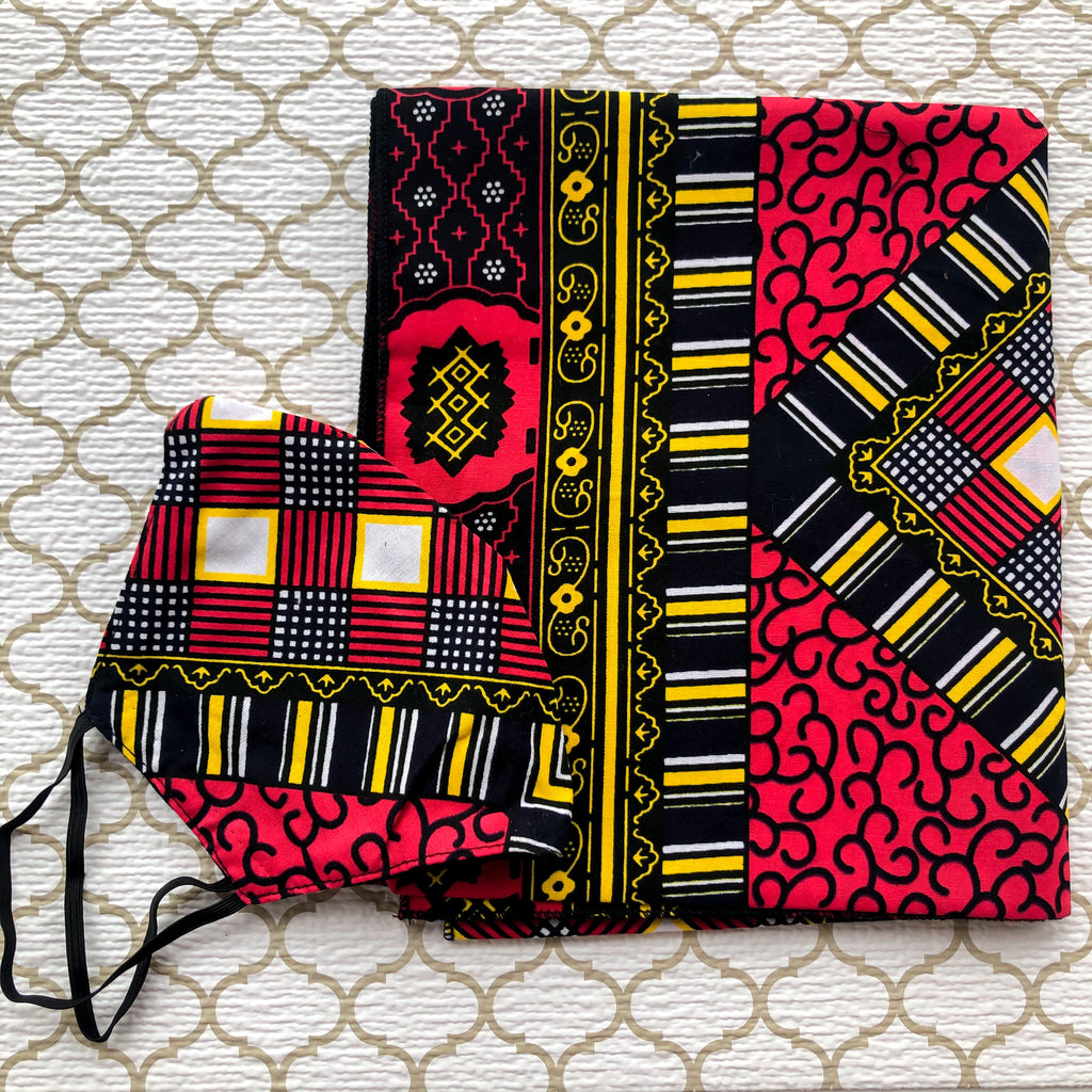 African Print Mask And Headwrap Set - Red and Black