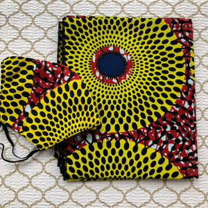 African Print Mask And Headwrap Set - Yellow Disc Print