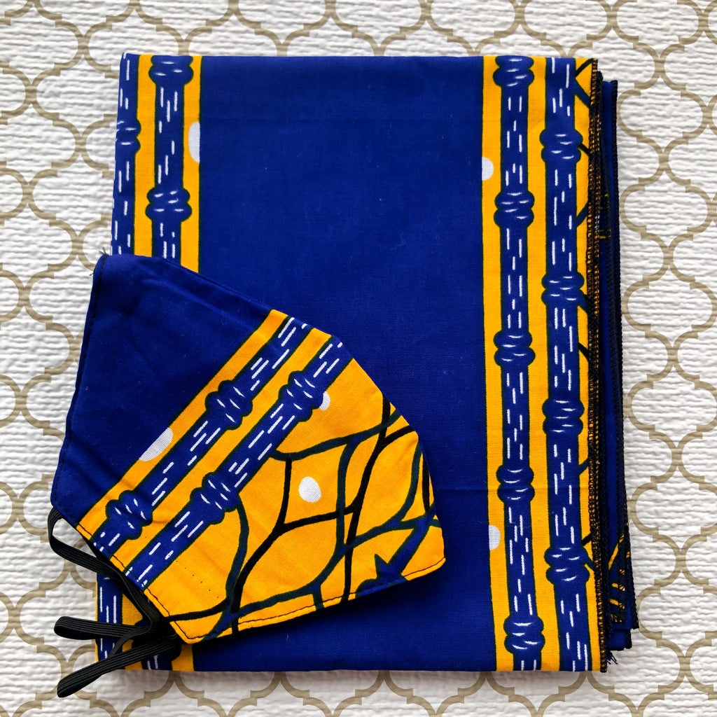African Print Mask And Headwrap Set - Yellow and Blue