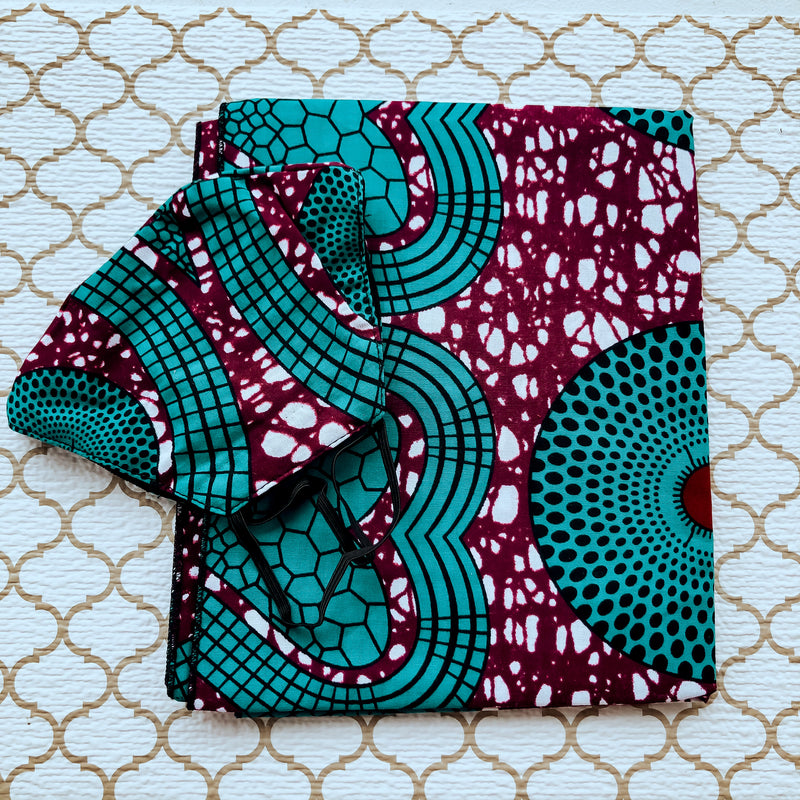 African Print Mask And Headwrap Set - Blue and Purple