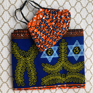 African Print Mask And Headwrap Set - Blue and Orange